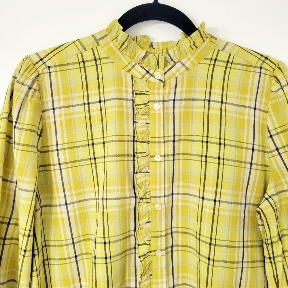 Loft Women's Yellow Plaid Long Sleeve Button Up Ruffle Shirt Size Large - Picture 7 of 12